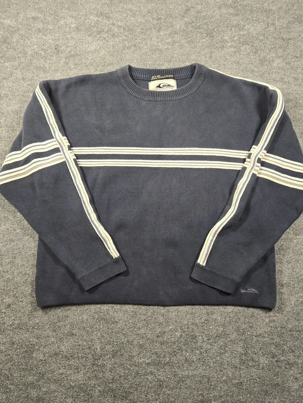 Vintage Quiksilver 90s Knit Sweater Large Blue Boxy Striped Crewneck Skater Surf - Picture 1 of 13